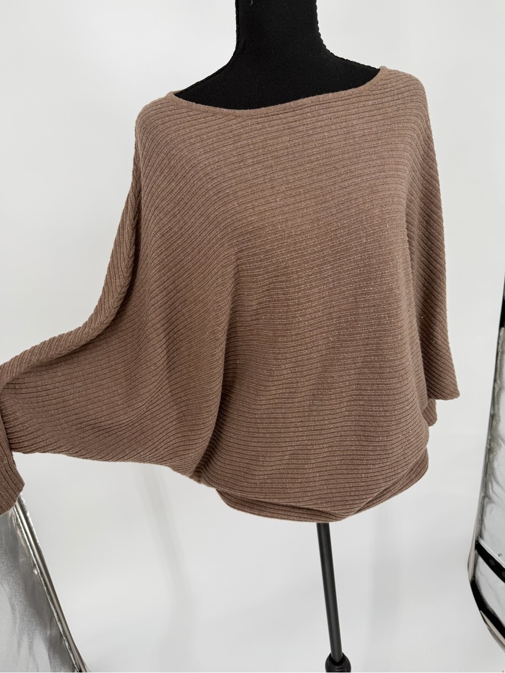 Women's Ribbed Boatneck Sweater in Taupe dolman sleeve - Picture 2 of 10